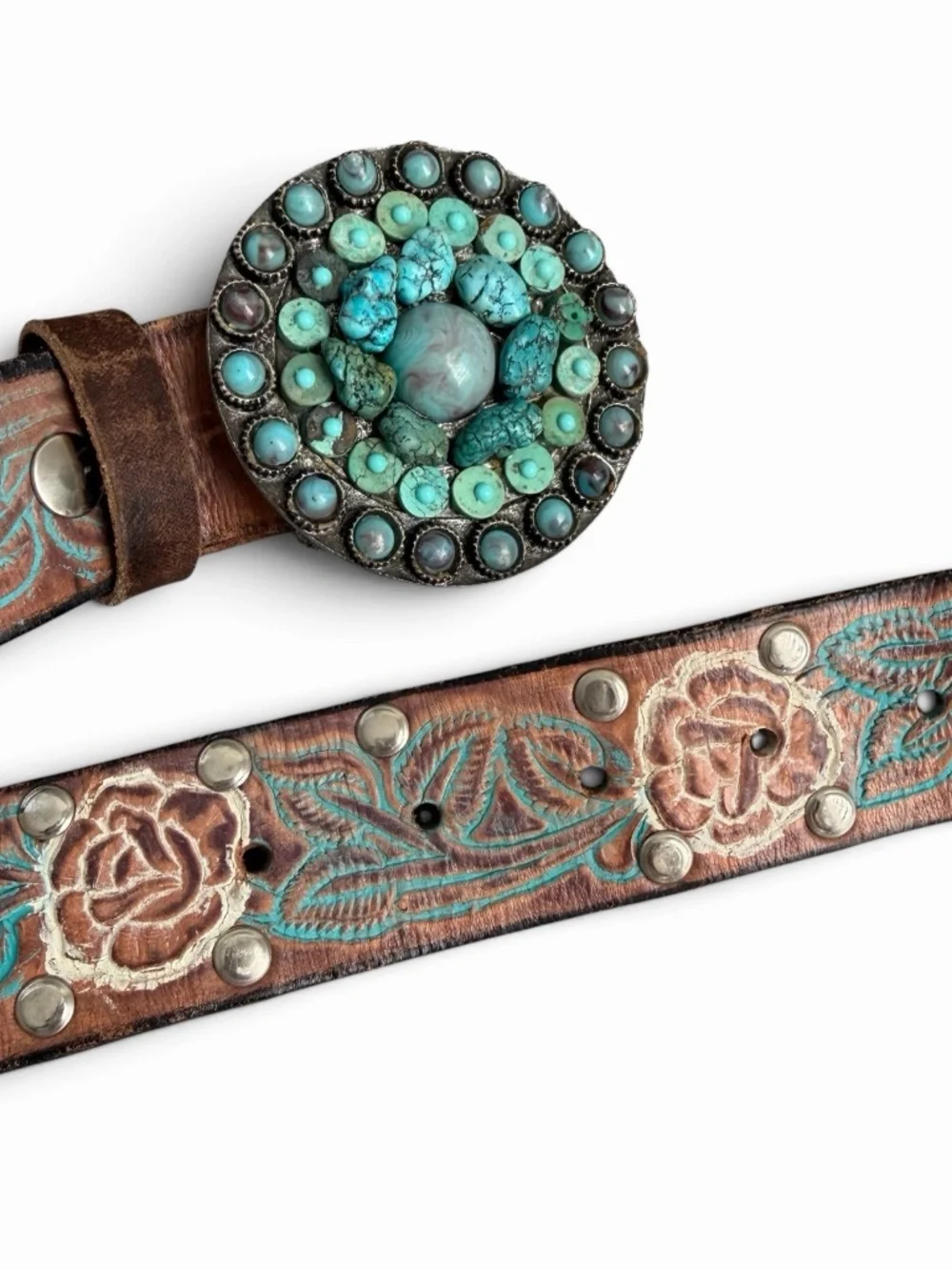 Leatherock Floral Tooled Leather Belt XL 39 Turquoise Removable Buckle Western